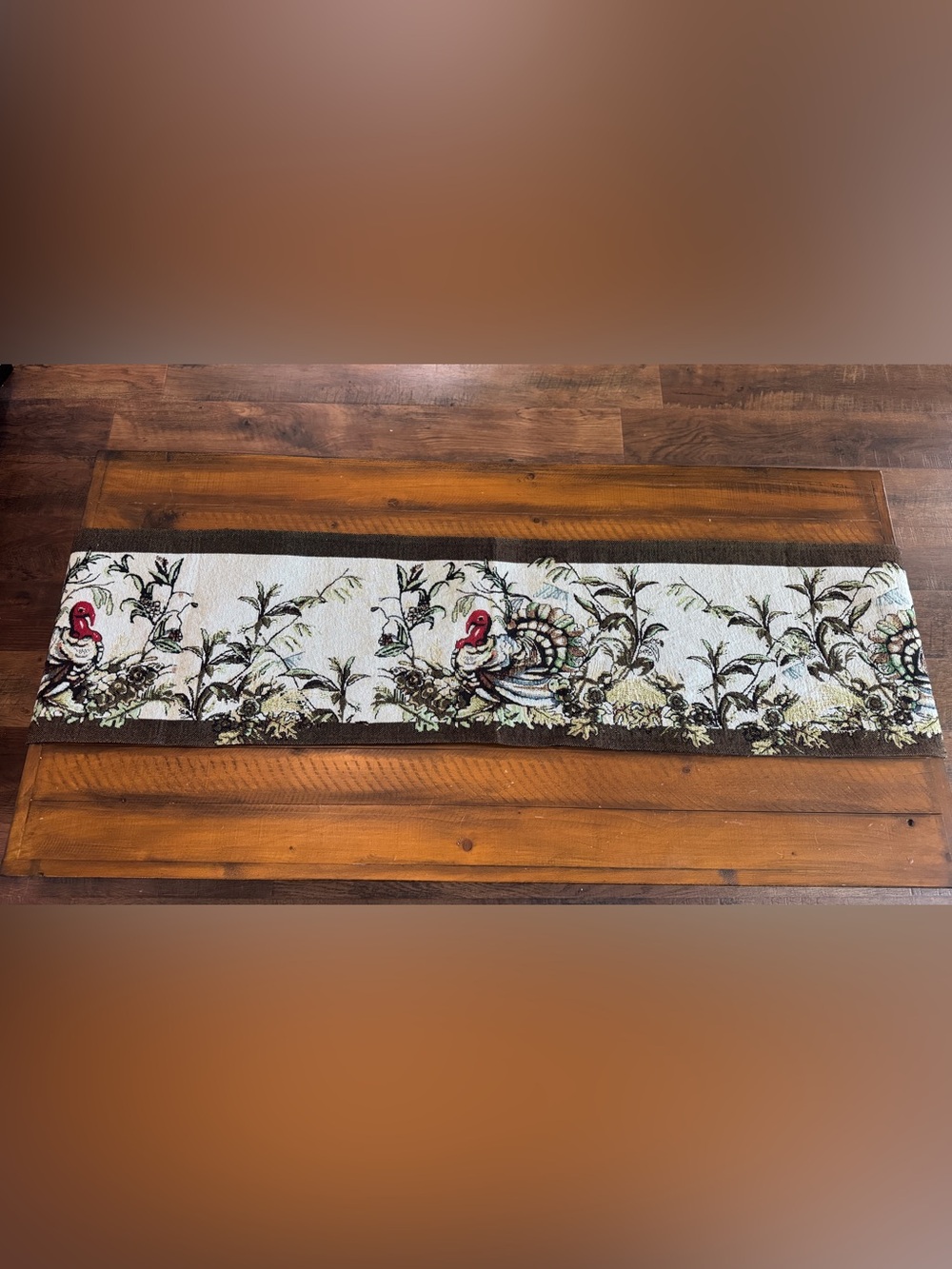 Decorative Turkey Tapestry Table Runner in Brown and Cream
